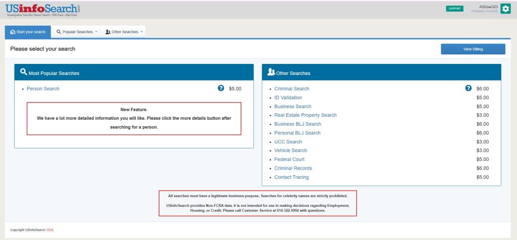 User Dashboard for USinfoSearch